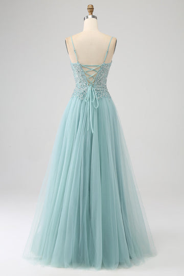 Sparkly Light Green A-Line Spaghetti Straps Sequin Applique Corset Ball Dress With Slit